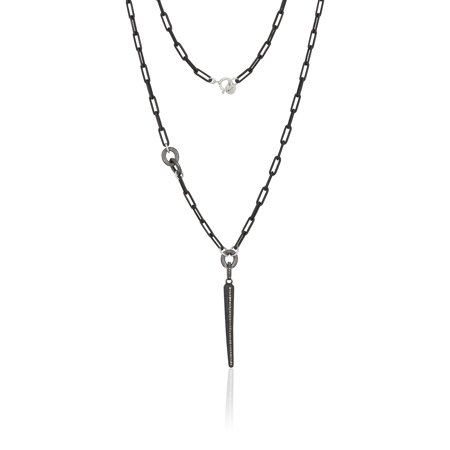 Rhodium Silver Paperclip & Pave Diamond Spike Pendant
