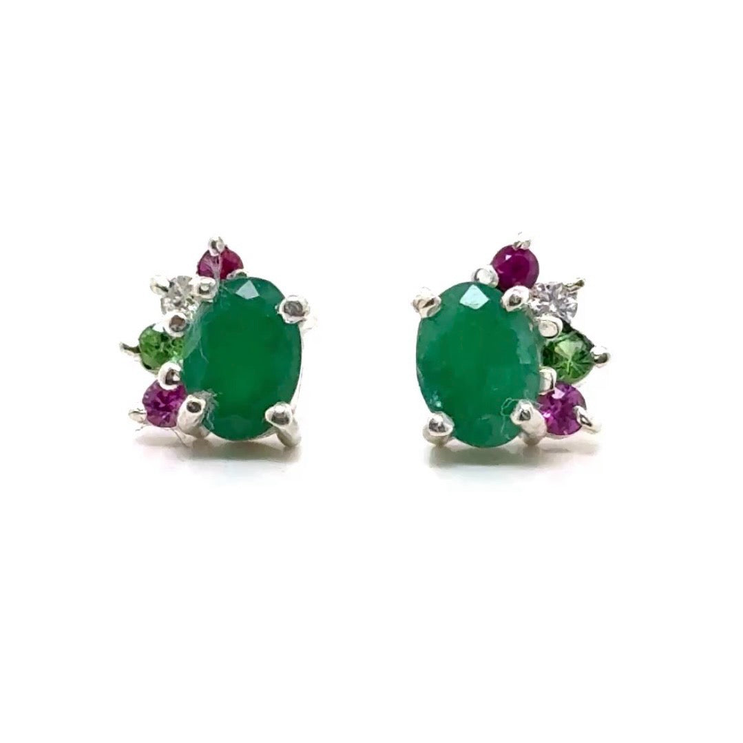 Emerald Organic Flare Studs-Silver