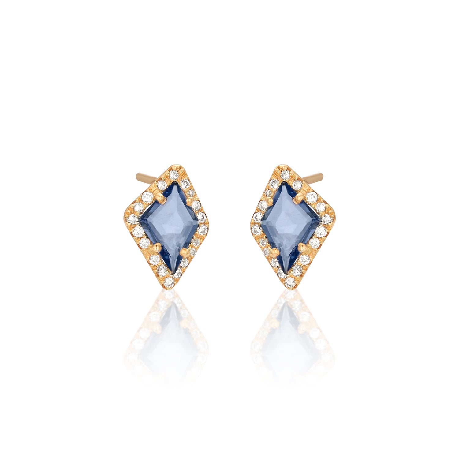 Blue Sapphire Geometric Diamond Halo Studs 14k