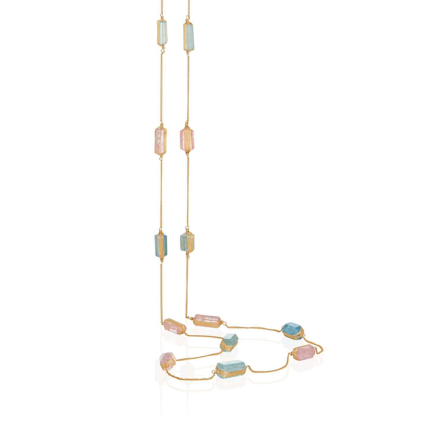 Pipe Shaped Pink Blue Wired Aquamarine Long Necklace