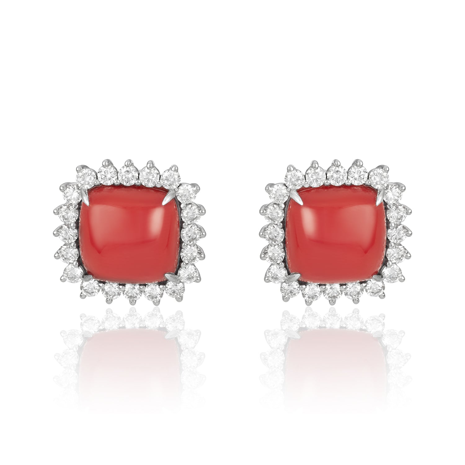 Coral Diamond Frame Studs Earrings 18K