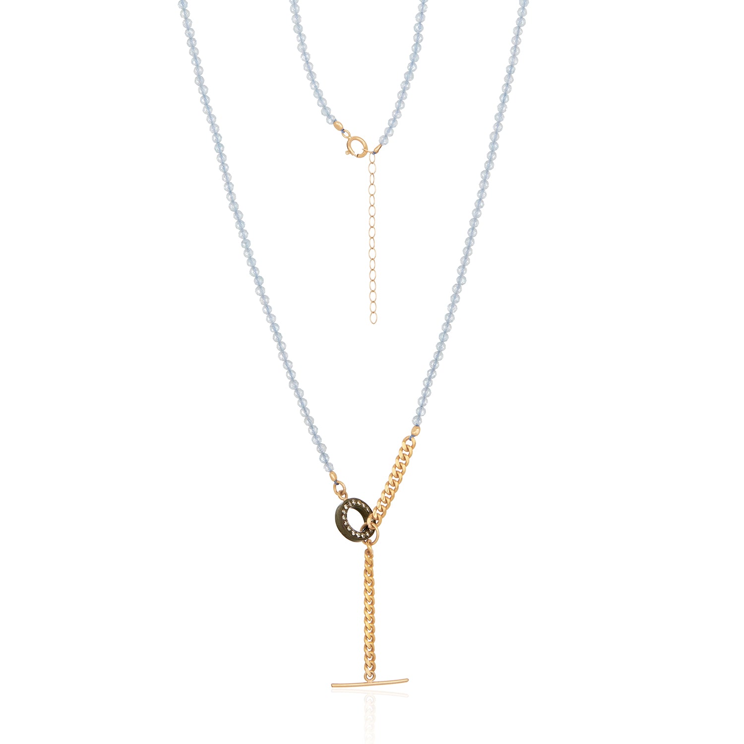 Aqua Bead Pave Diamond Ring Lariat Necklace In 14k