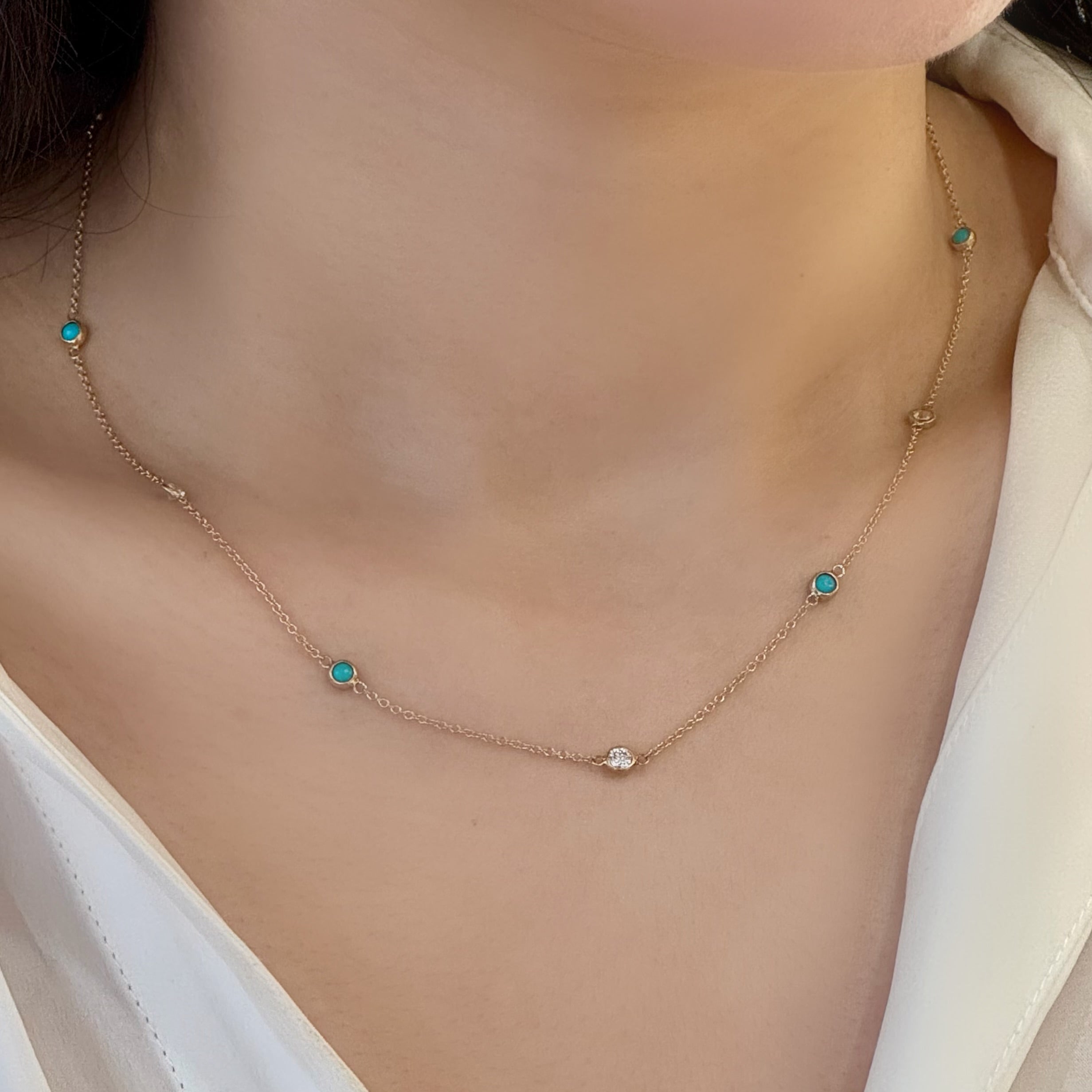 Turquoise Lab-grown Diamond Stationed Necklace 14K