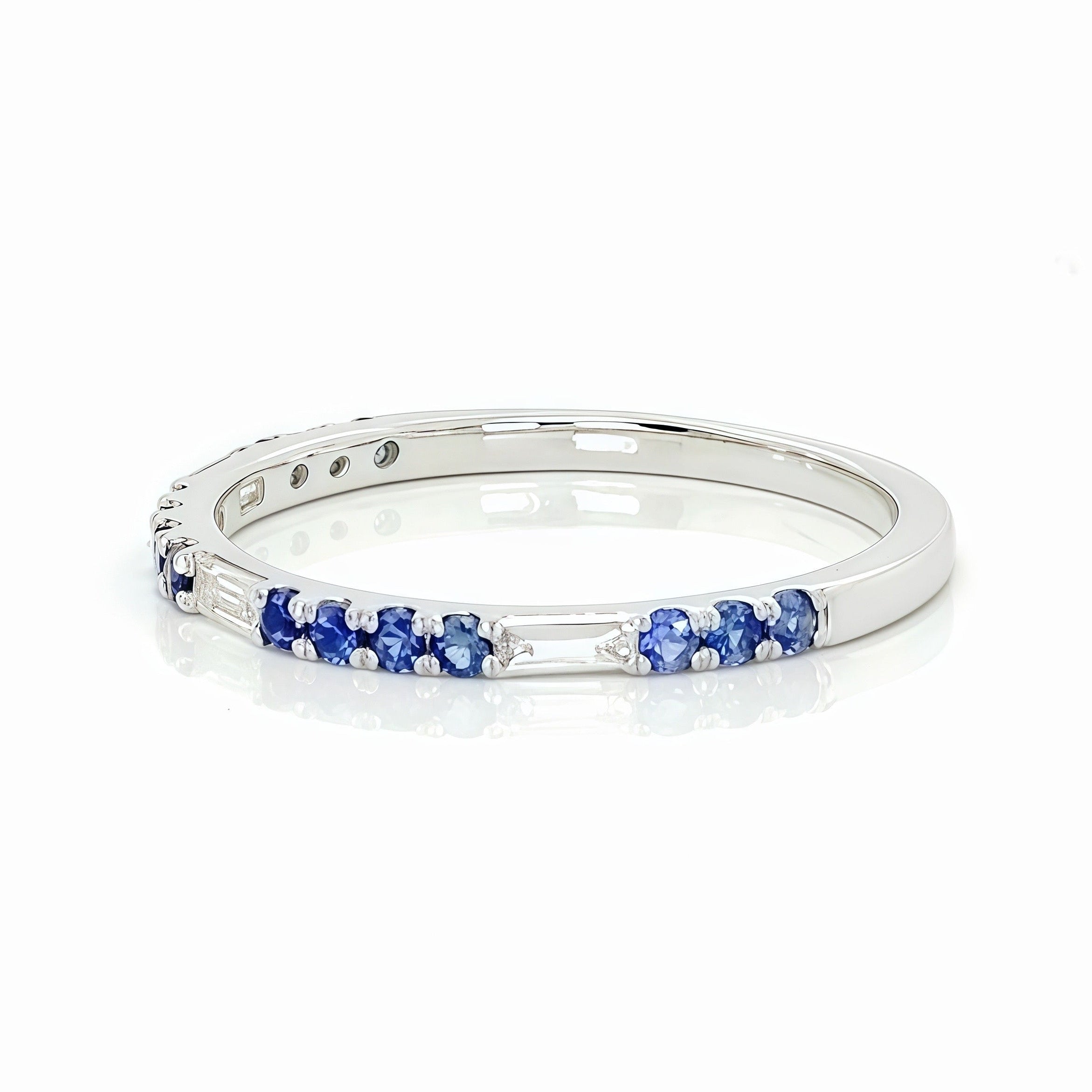 Blue Sapphire Lab-grown Baguette Dimond Ring In 10K
