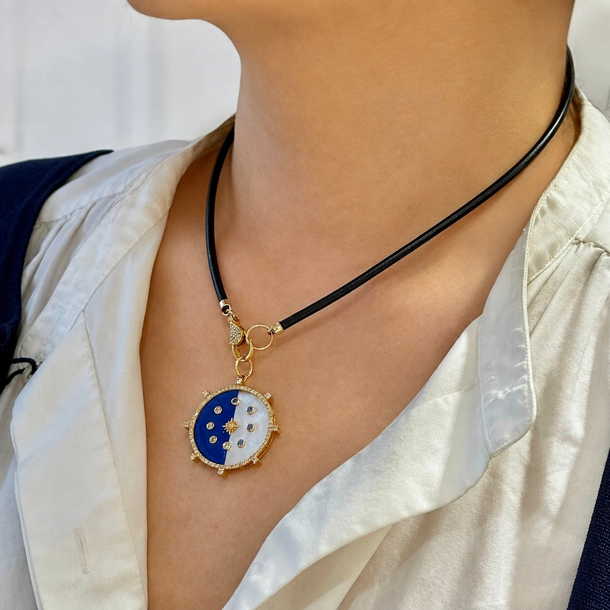 Sapphire & Pearl Diamond Moon Pendant Leather Necklace