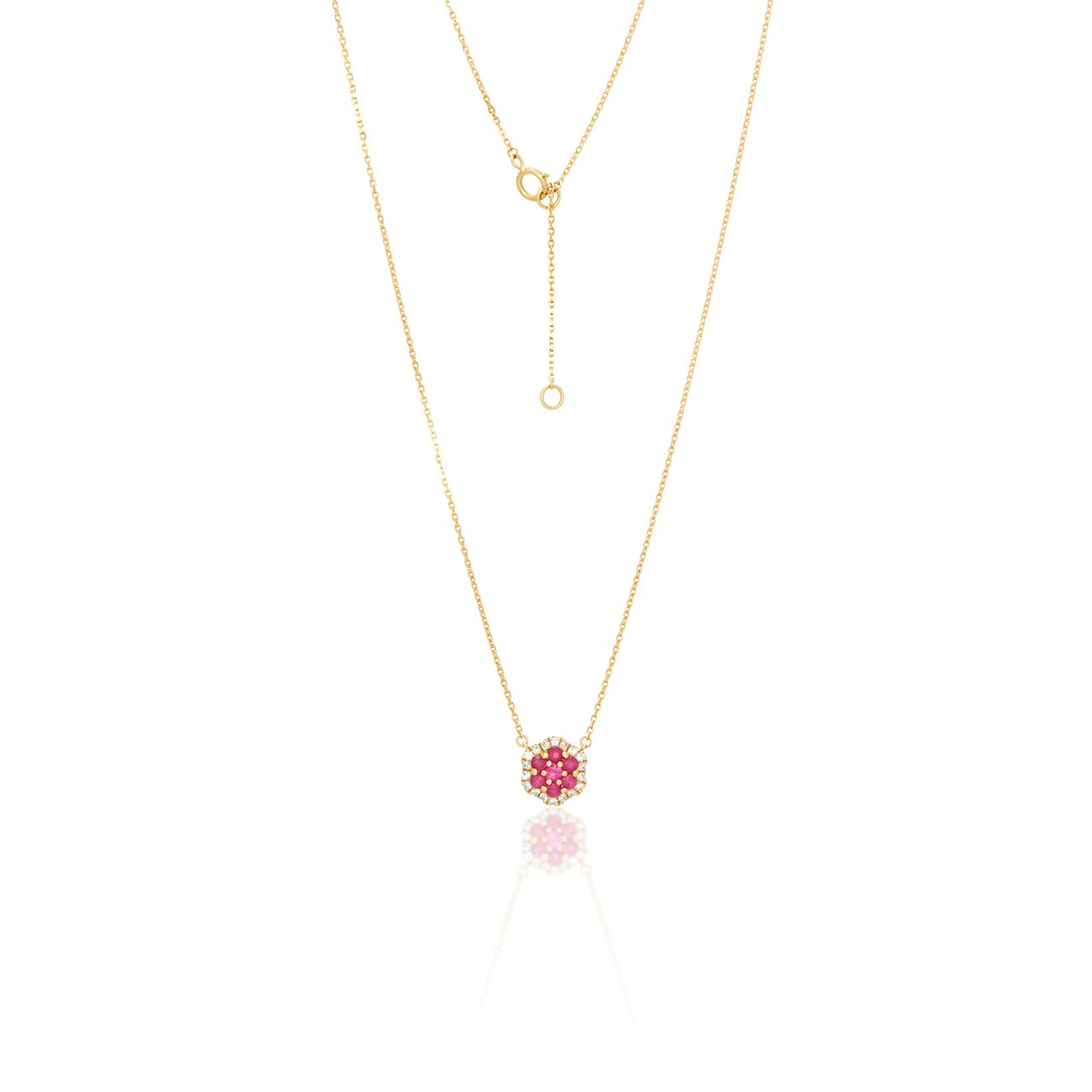 Diamond Ruby Flower Pendant Necklace In 18K