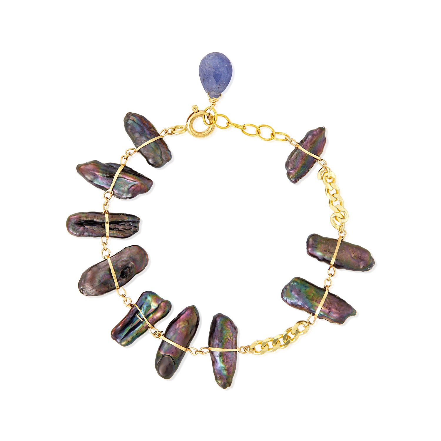Gray Biwa Stick Pearl Bracelet With Tanzanite Charm