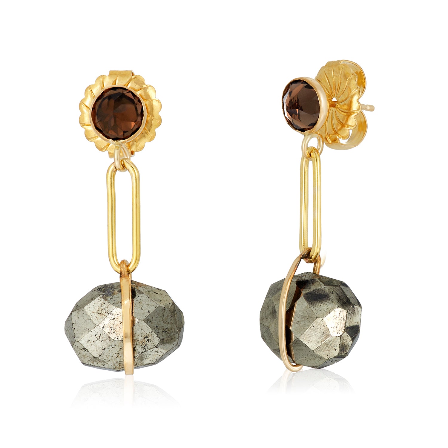 Pyrite Link Smokey Quartz Post Earrings