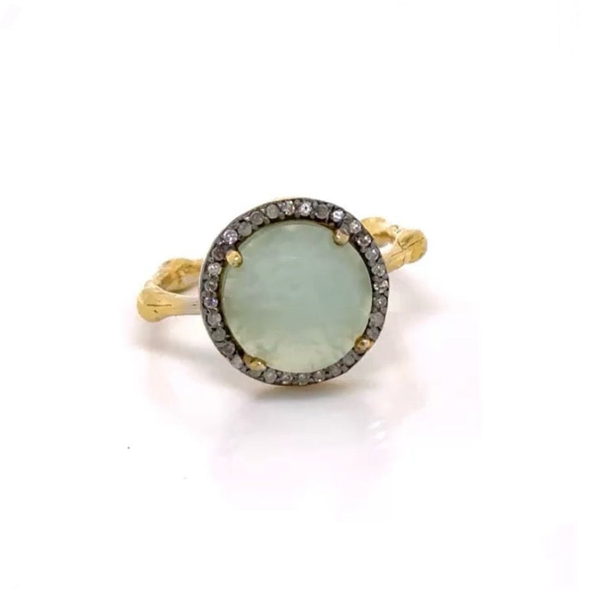 Full Moon Gem Halo Diamond Bamboo Ring - dyed ruby or moonstone