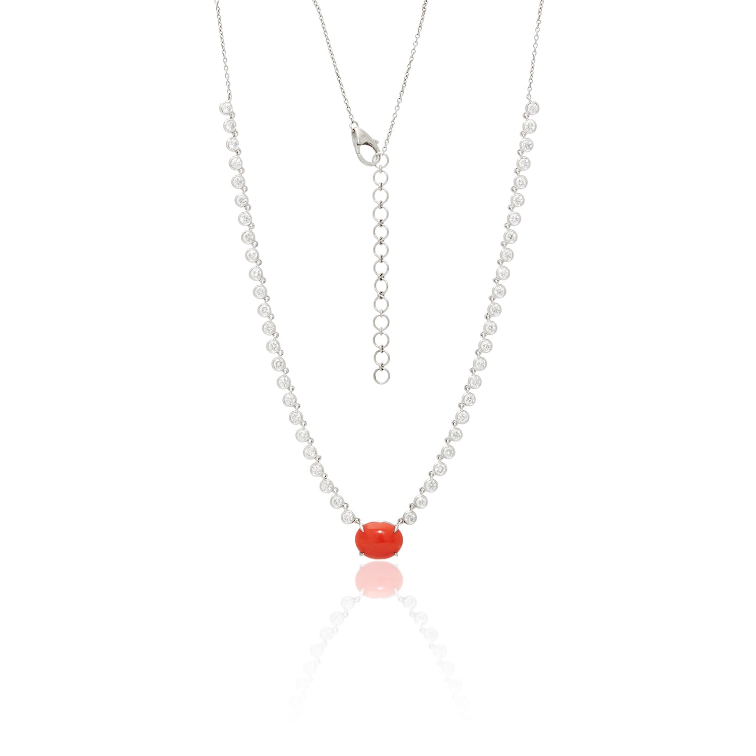 Coral Pendant Half Diamond Bezel Necklace 18K White Gold
