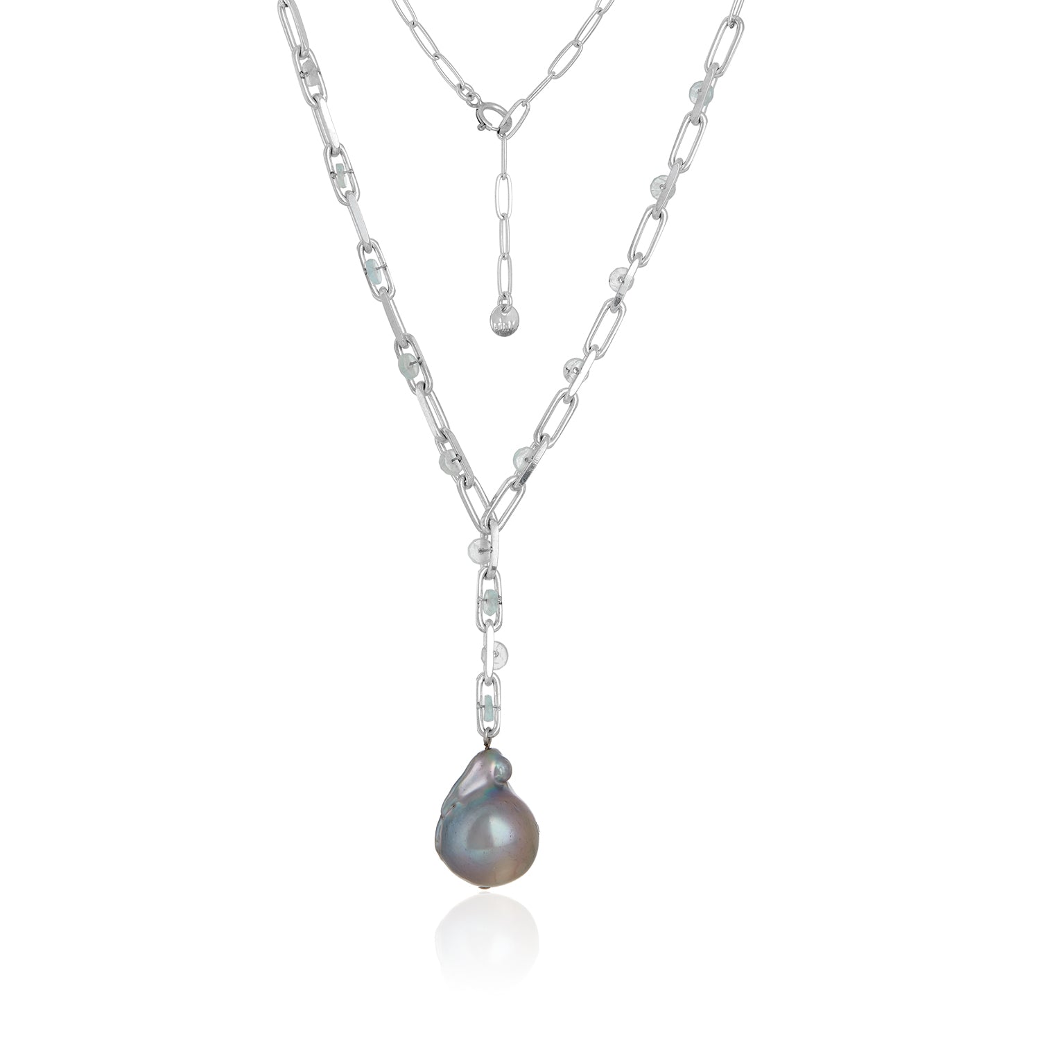 Tori Baroque Pearl Lariat Silver Aqua Necklace