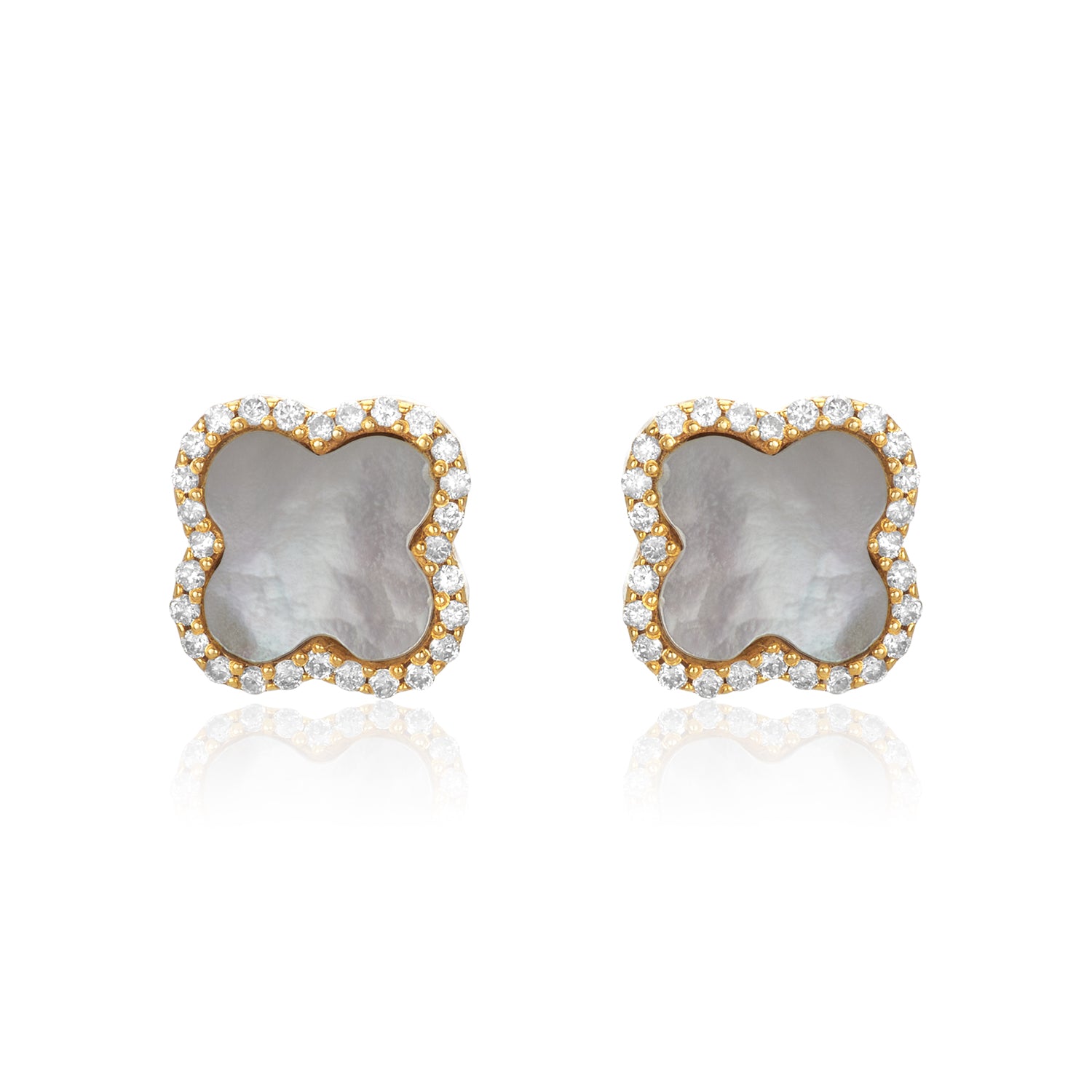Pave Diamond Pearl Clover Studs Earrings 14K