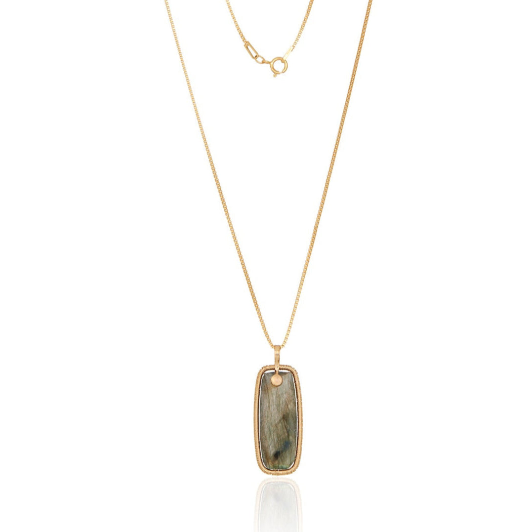 Long Gem Slice Frame Pendant Gold Necklace