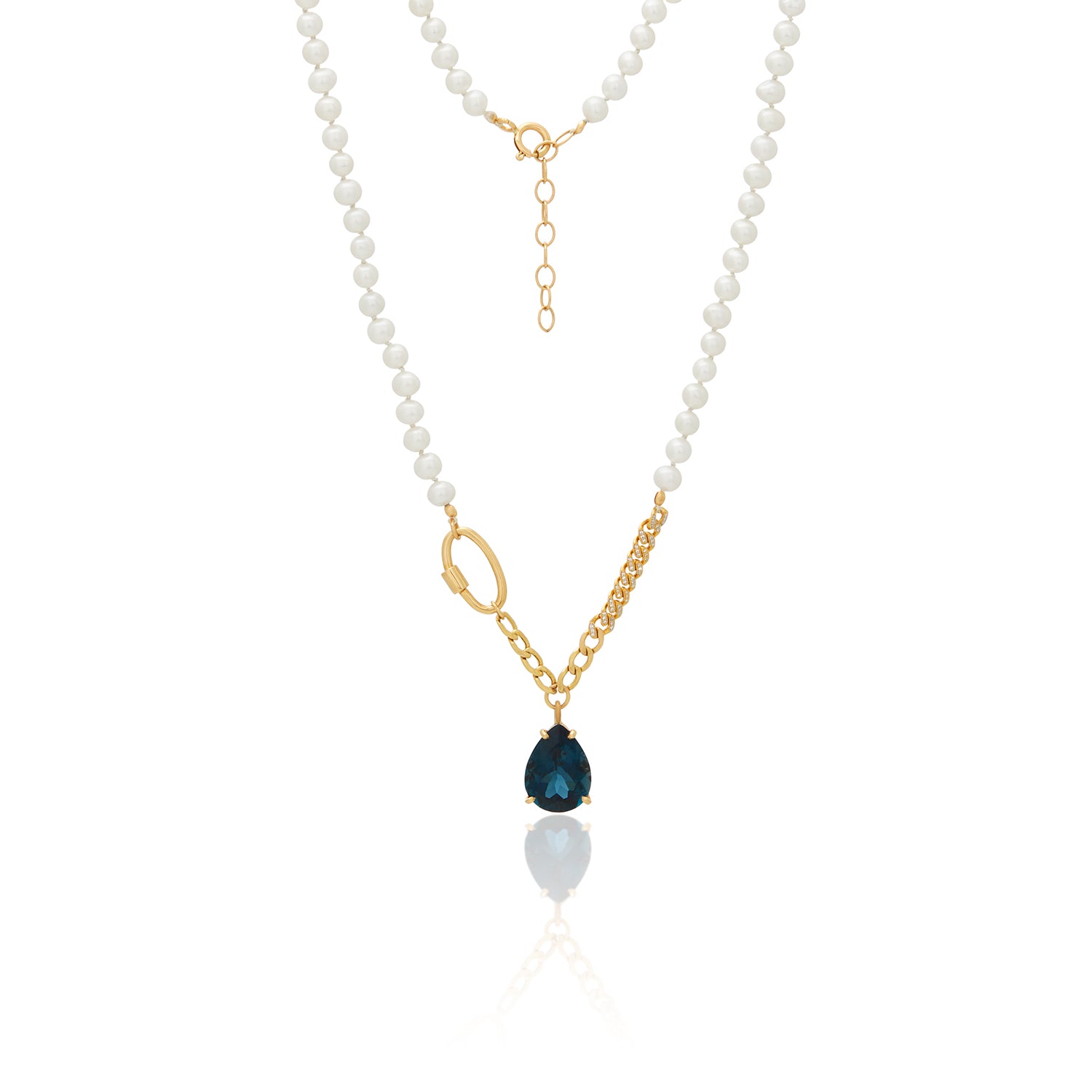 Teardrop London Blue Pendant Pearl Necklace 14K