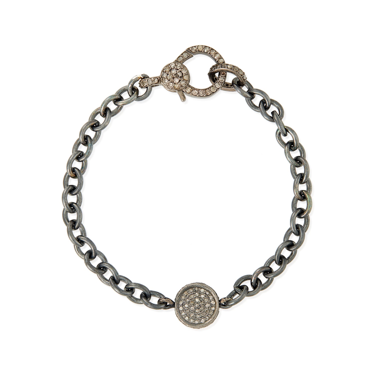 Pave Diamond Circle Oxidized Silver Bracelet