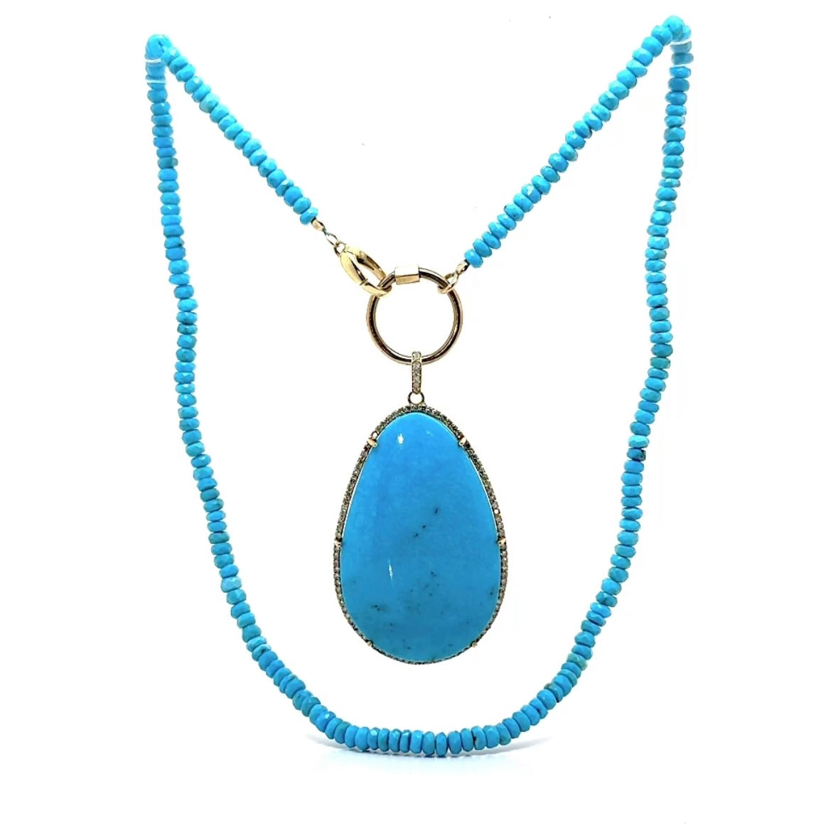 Turquoise Diamond Pendant With Circle Lock Necklace In 14K