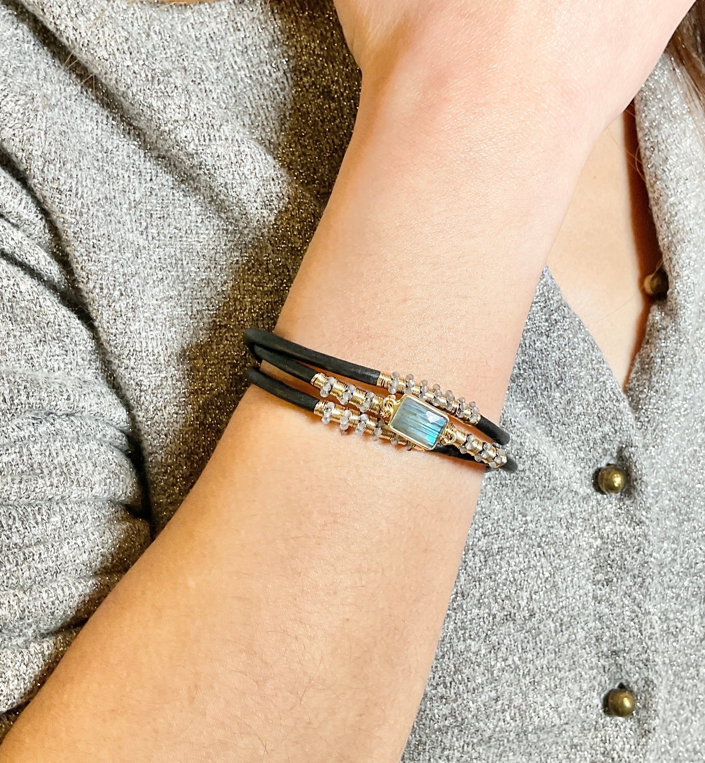 Triple Leather Bracelet With Labradorite