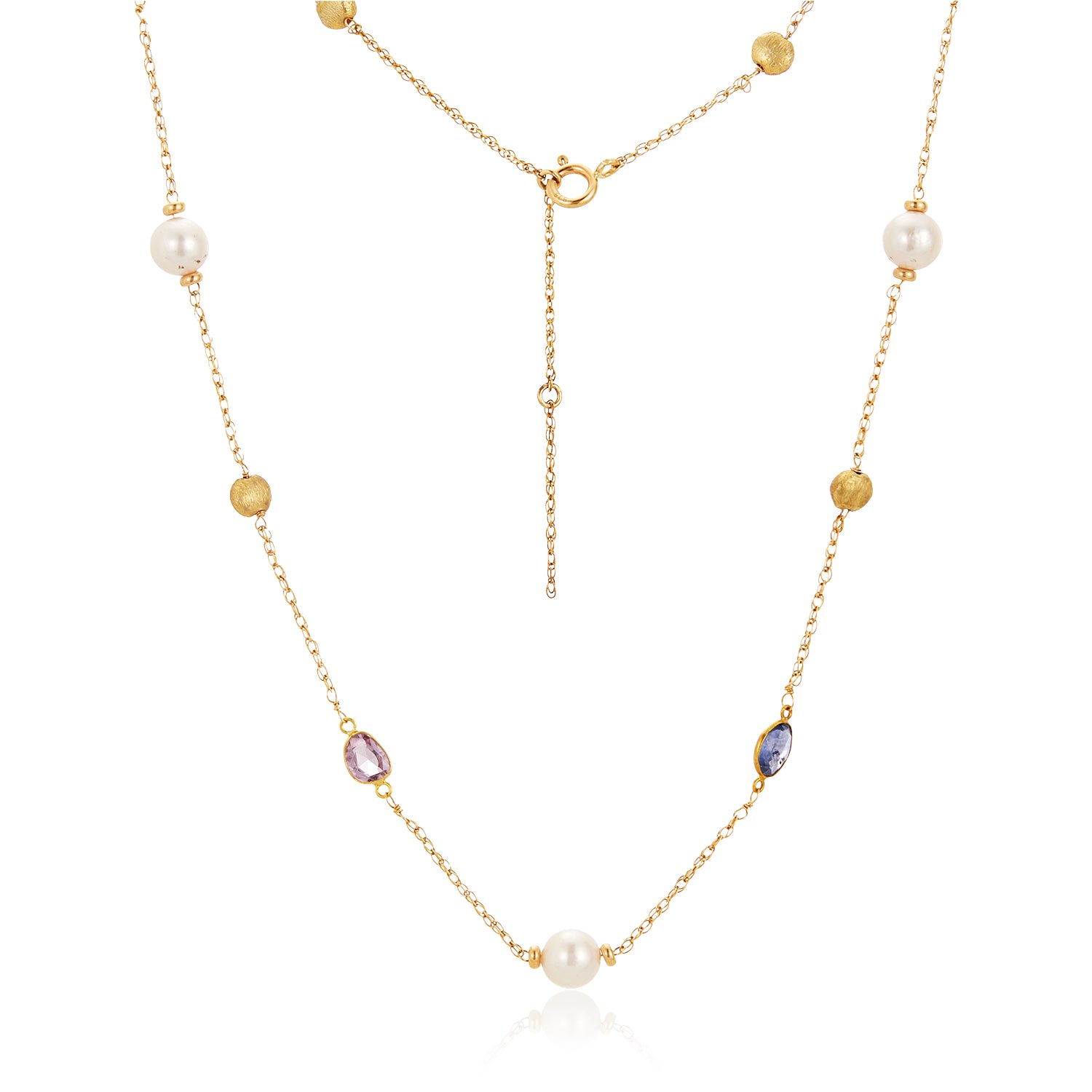 Multi-Colored Sapphire Pearl Section Necklace in 14k