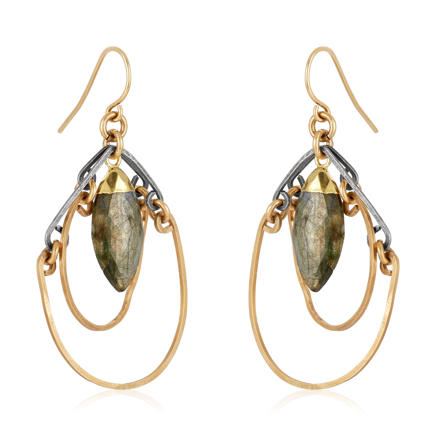 Double Circle Labradorite Mixed Metal Earrings