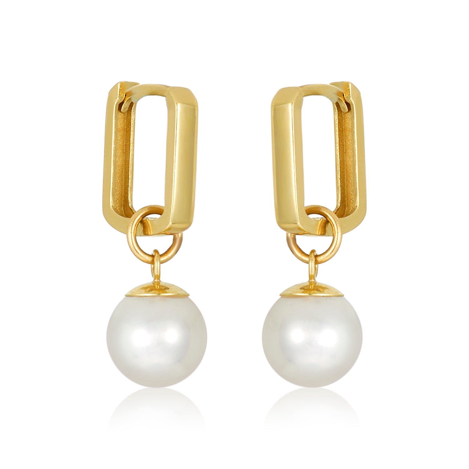 Rectangular Huggie Pearl Drop Hoops In 14k