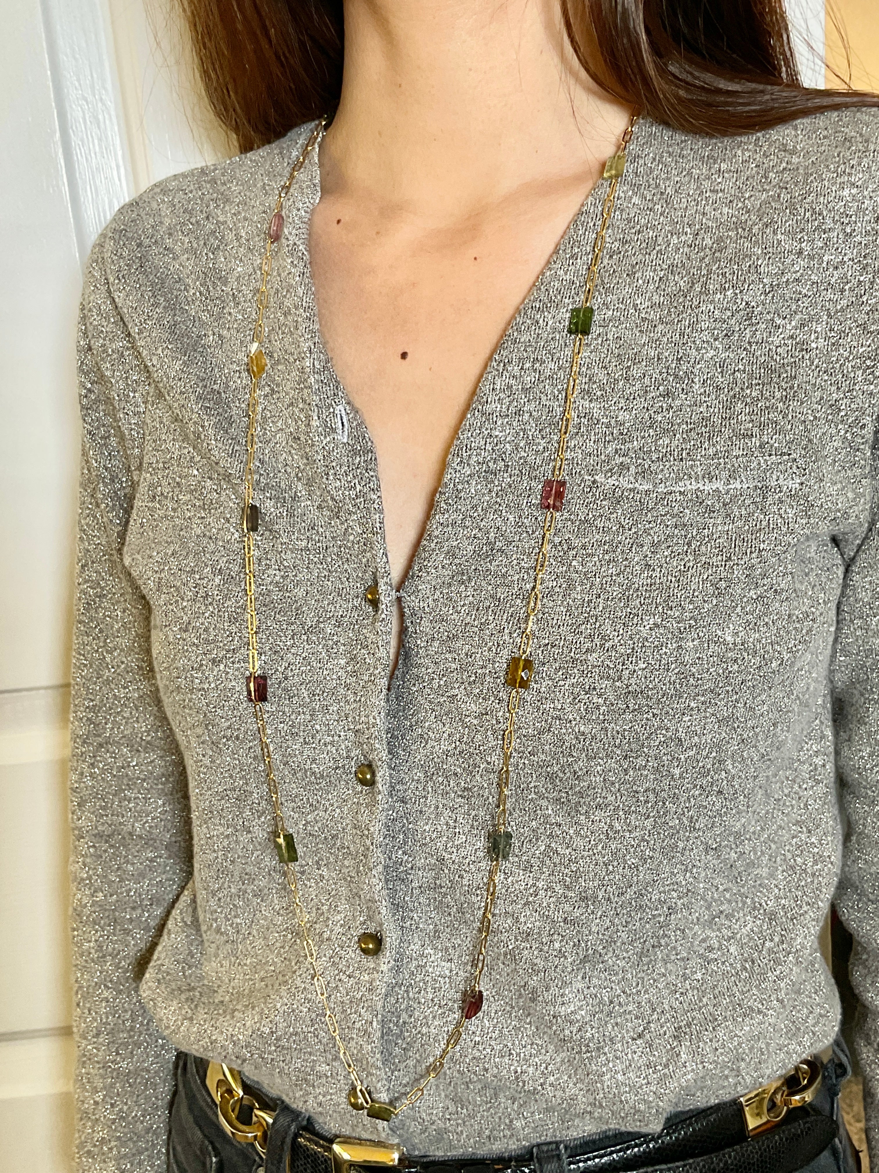 Emma Rainbow Tourmaline Paperclip Long Necklace