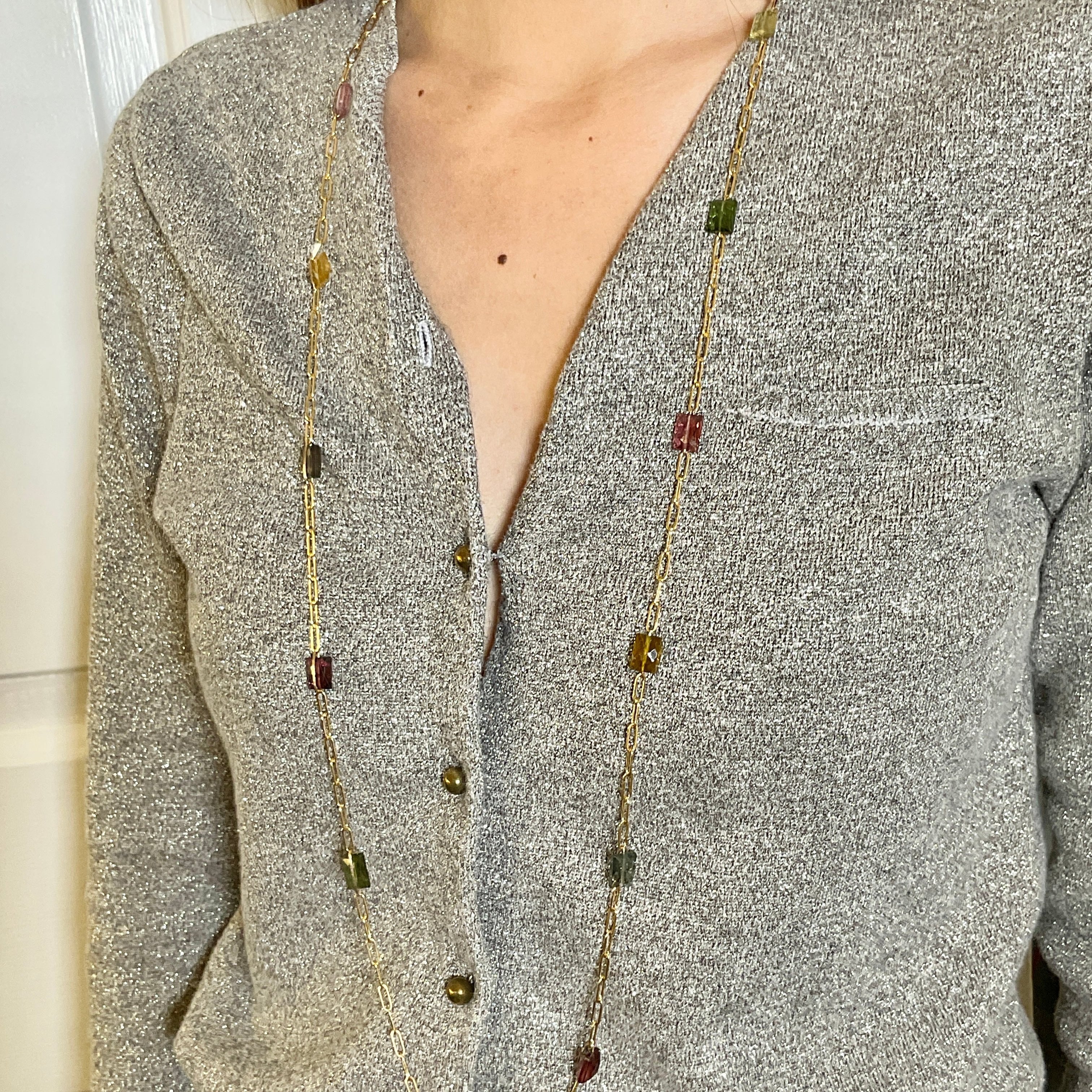 Emma Rainbow Tourmaline Paperclip Long Necklace