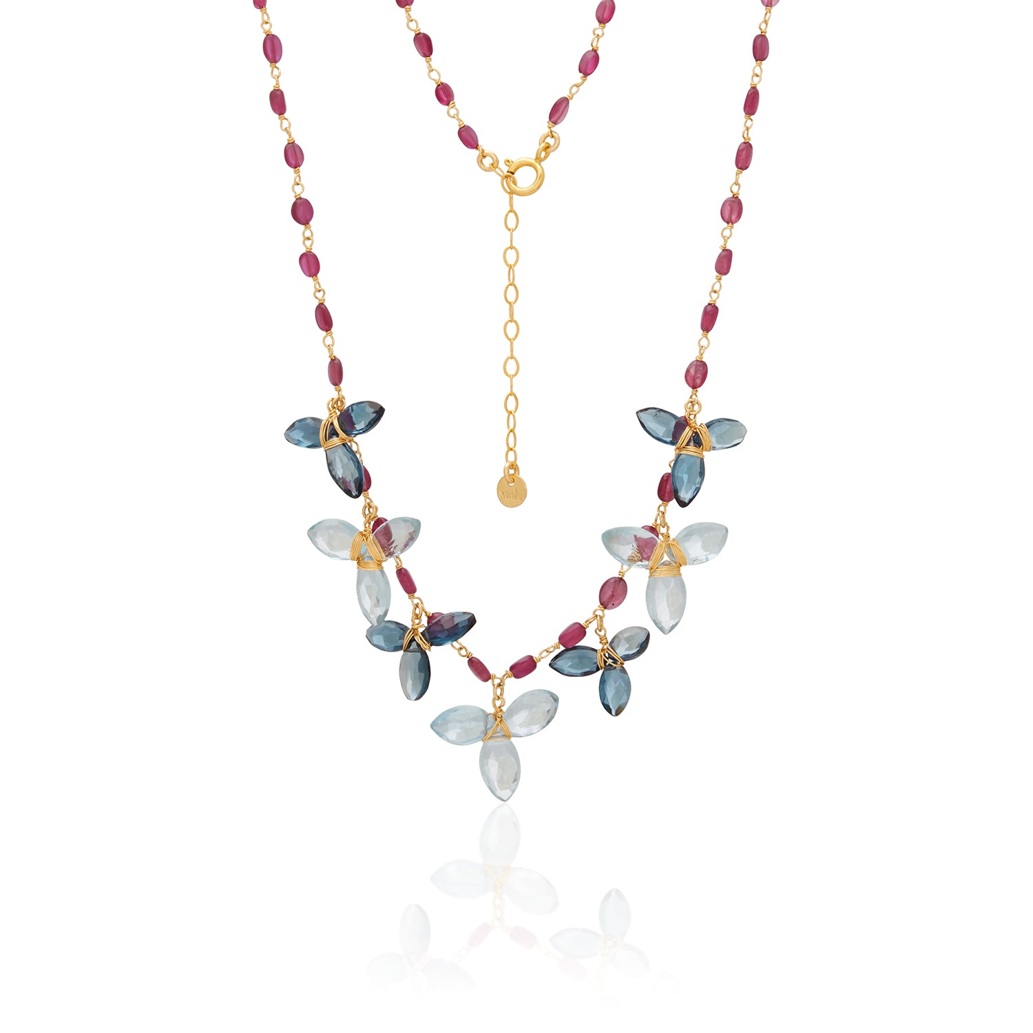 Blue Topaz Floral Ruby Chain Necklace
