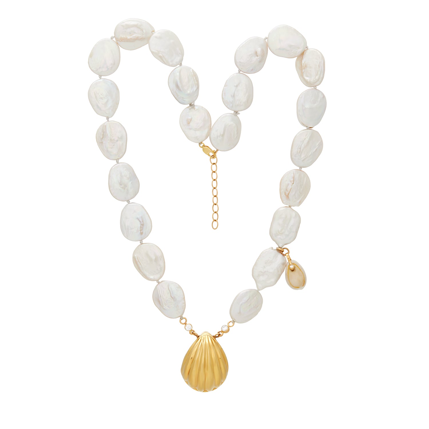 Baroque Pearl Necklace With Gold Shell Pendant In 14K