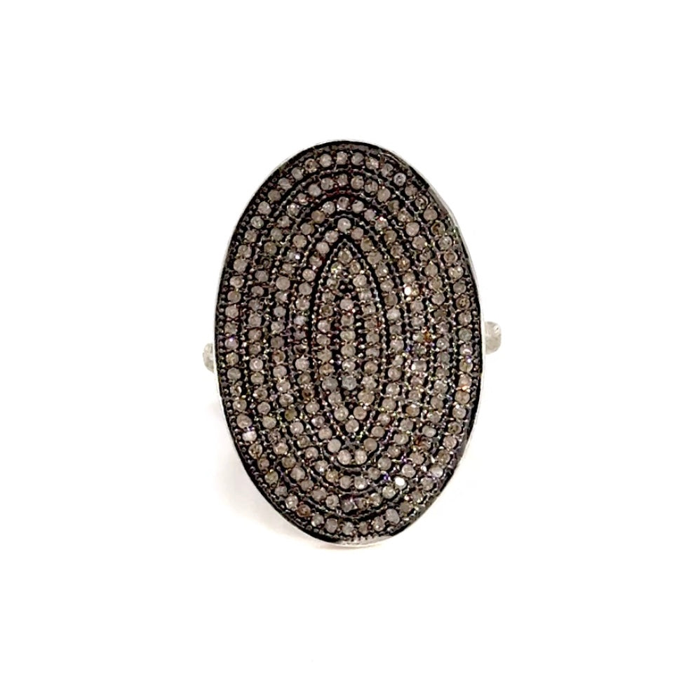 Pave Diamond Oval Shield Silver Bamboo Ring