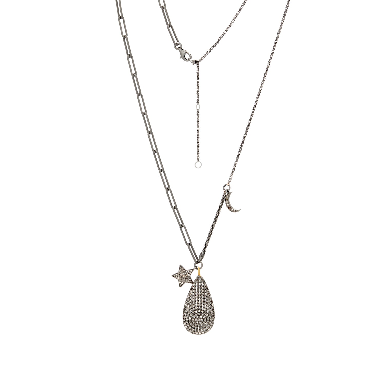 Star Moon Gande Teardrop Diamond Pendant Silver Necklace