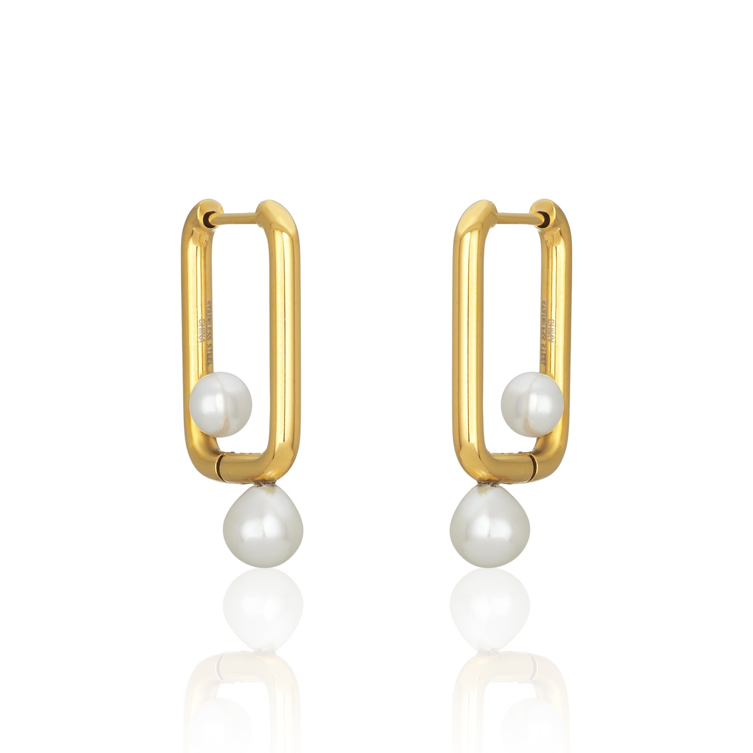 Gold plated rectangle Hoops Duo Pearls Earrings