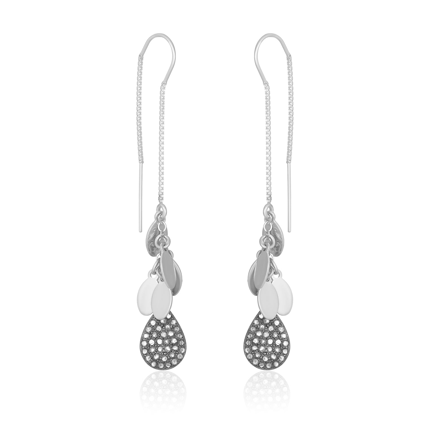 Pave Diamond Teardrop Long Silver Earrings