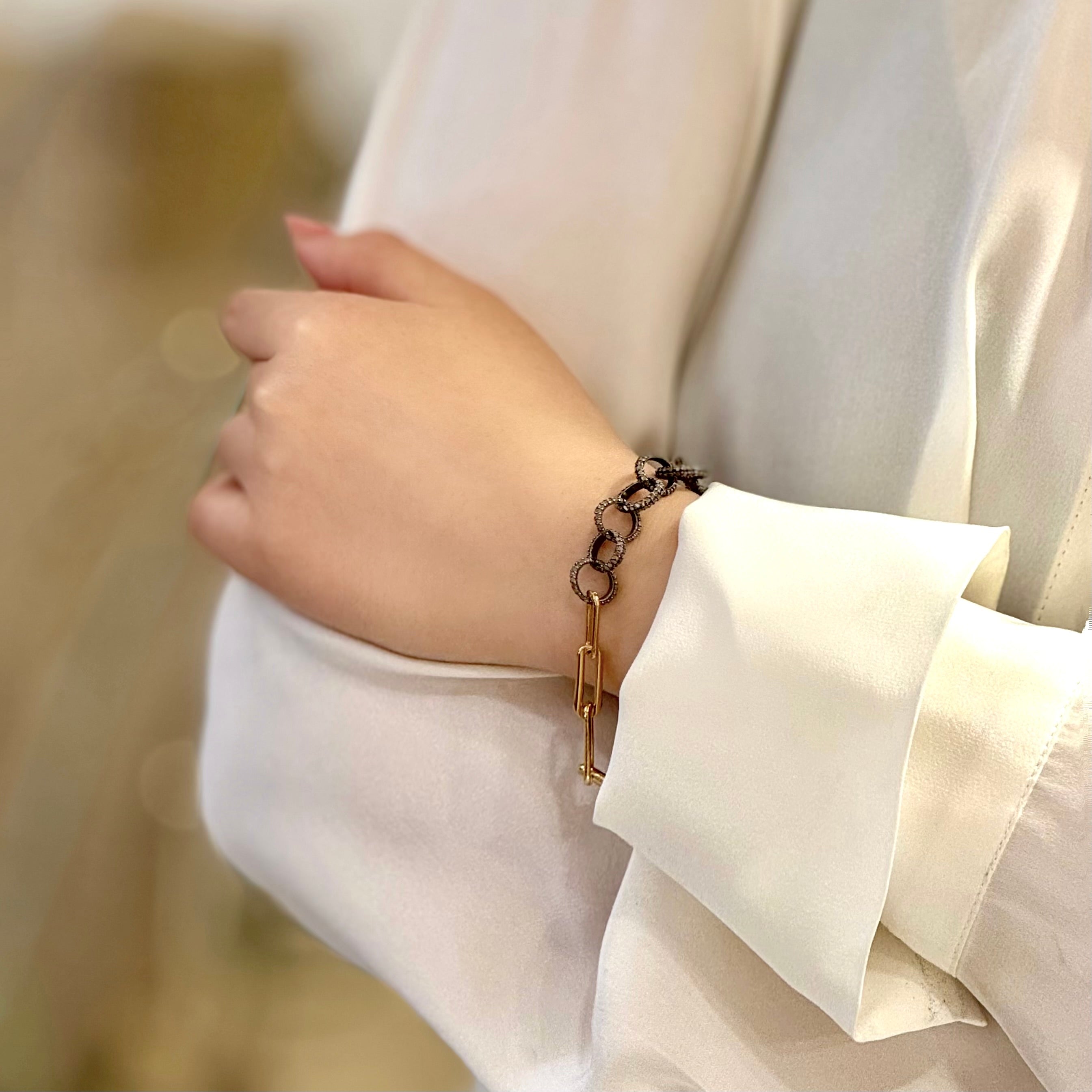 Mixed Metal Silver Diamond Overlock Paperclip Bracelet