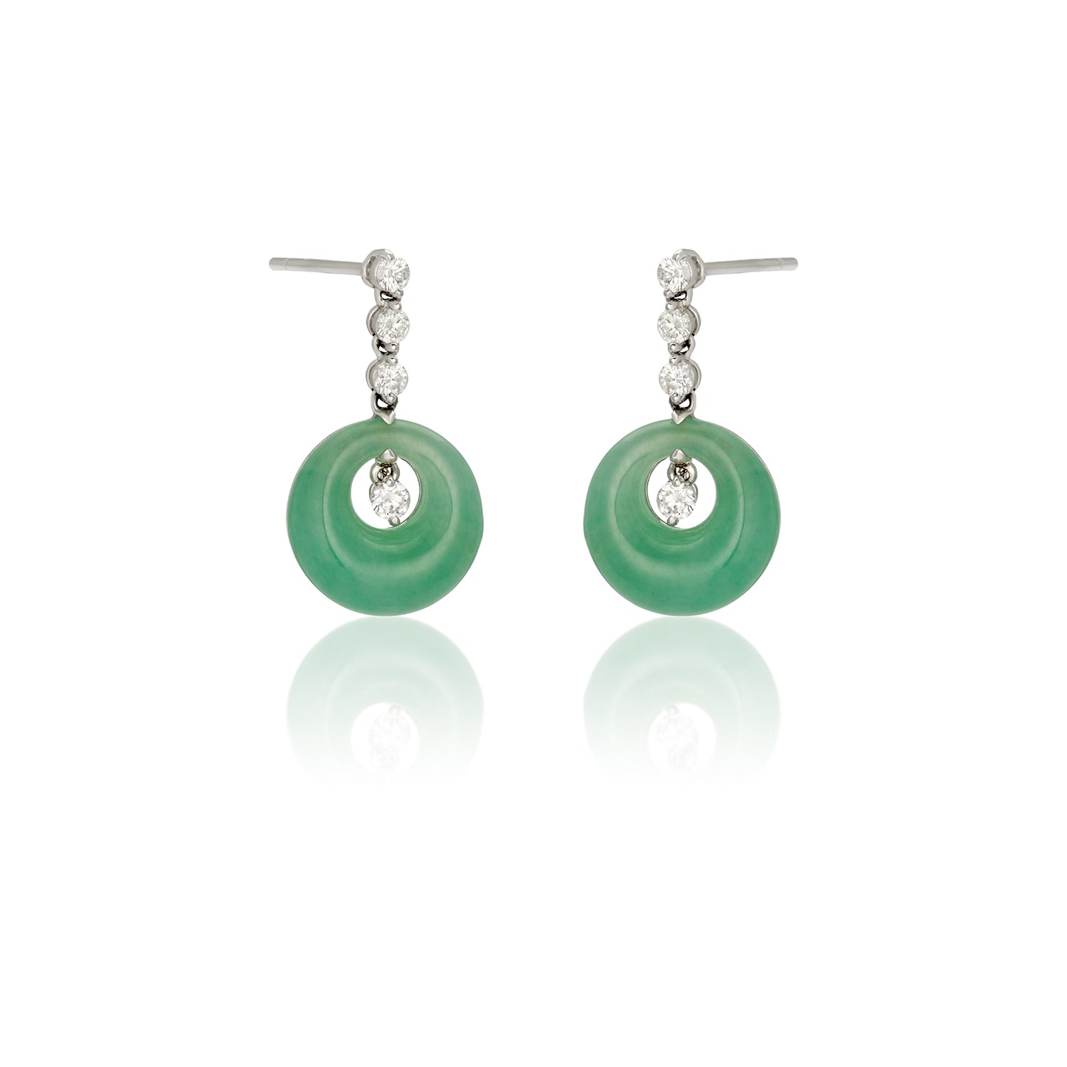 Diamond Row with Jade Drop Post Earrings In 14K White Gold