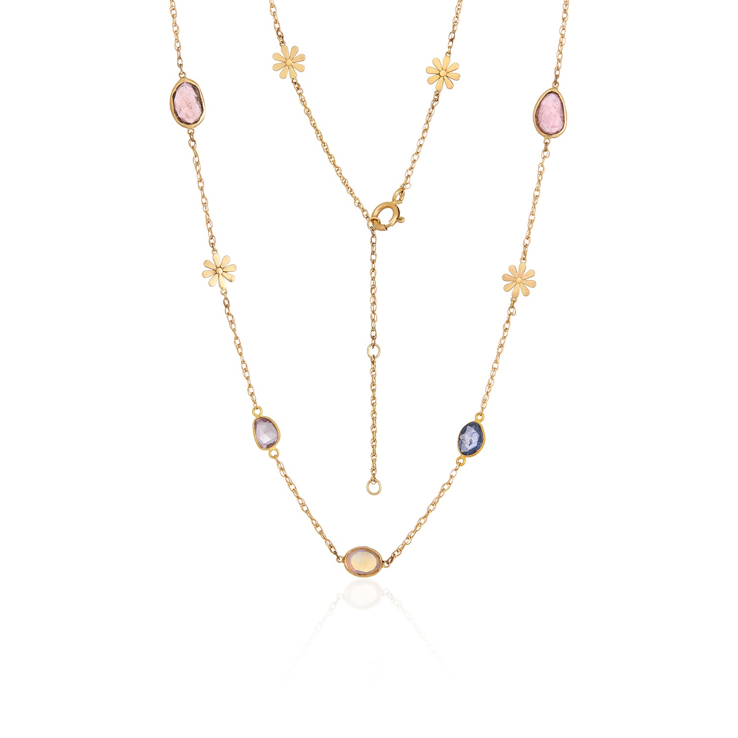 Rainbow Tourmaline Opal Floral Necklace In 14k