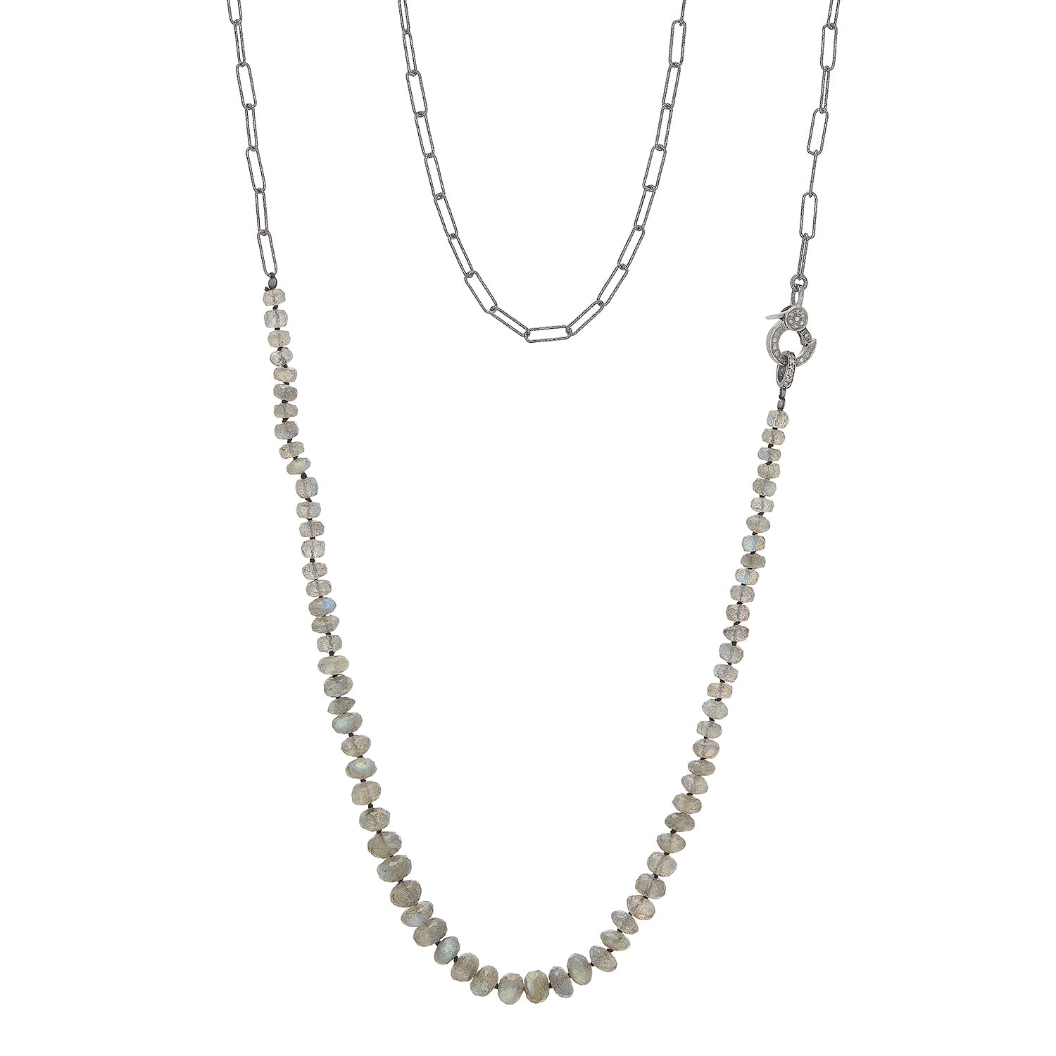 Labradorite Pave Diamond Lock Paperclip Long Necklace