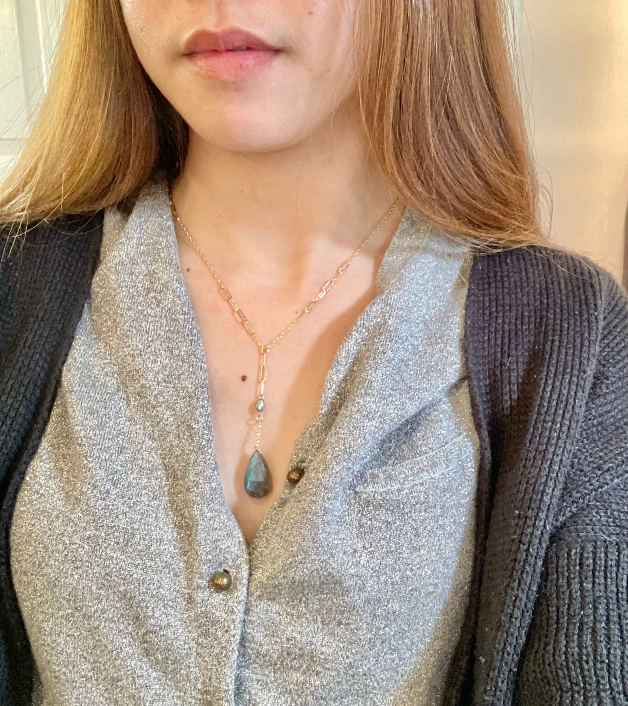 Labradorite Drop Paperclip Necklace
