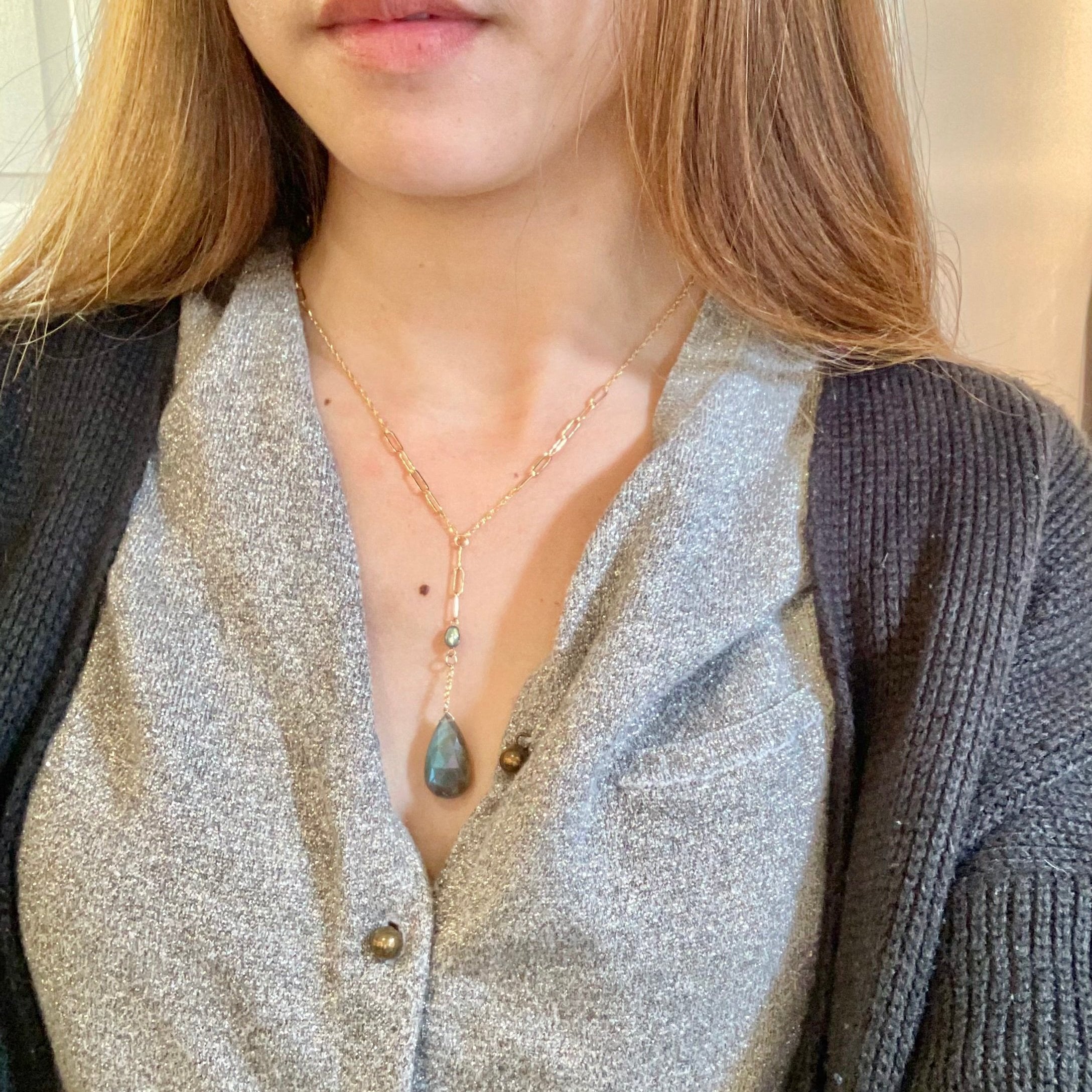 Labradorite Drop Paperclip Necklace