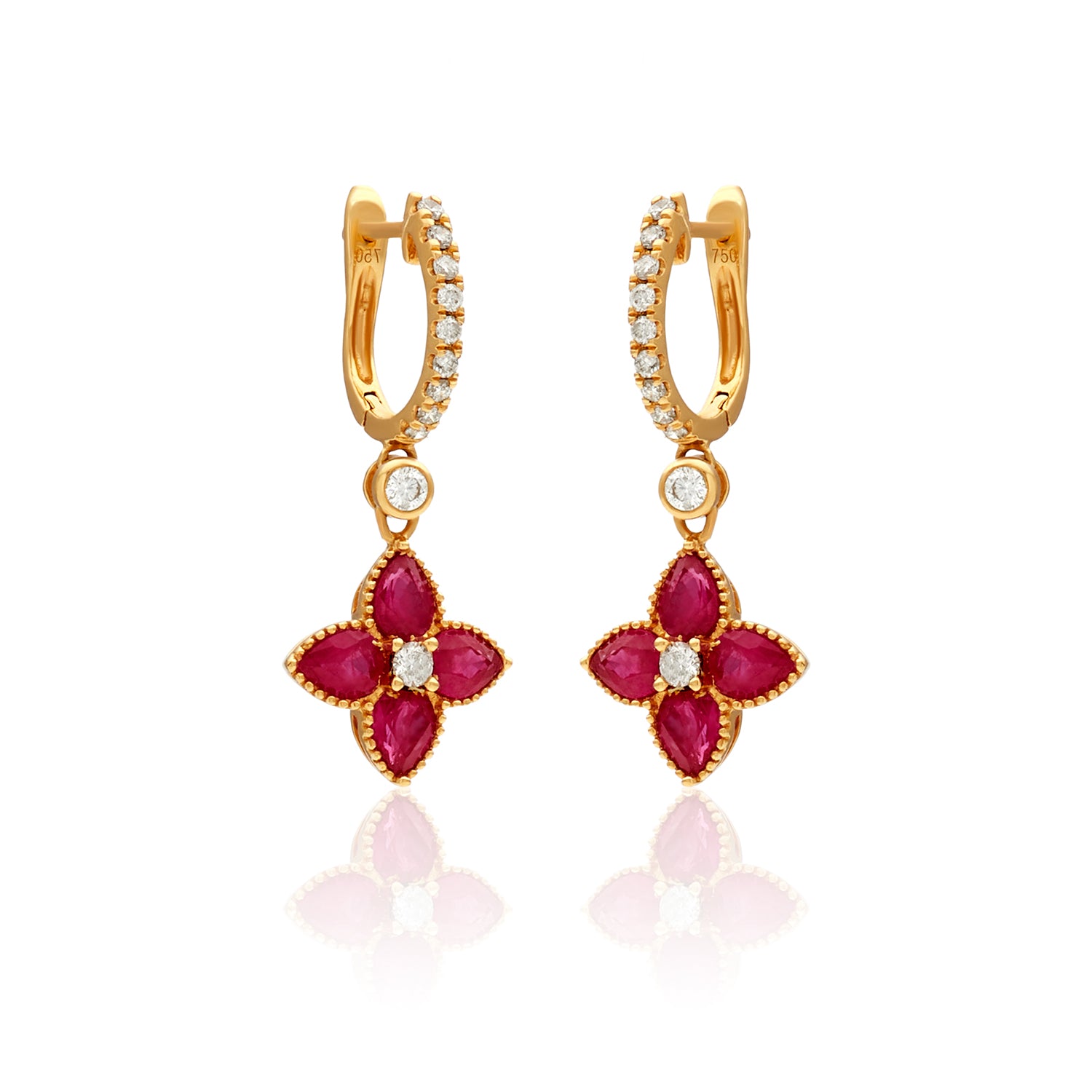 Diamond Huggies Ruby Diamond Flower Drop In 18k