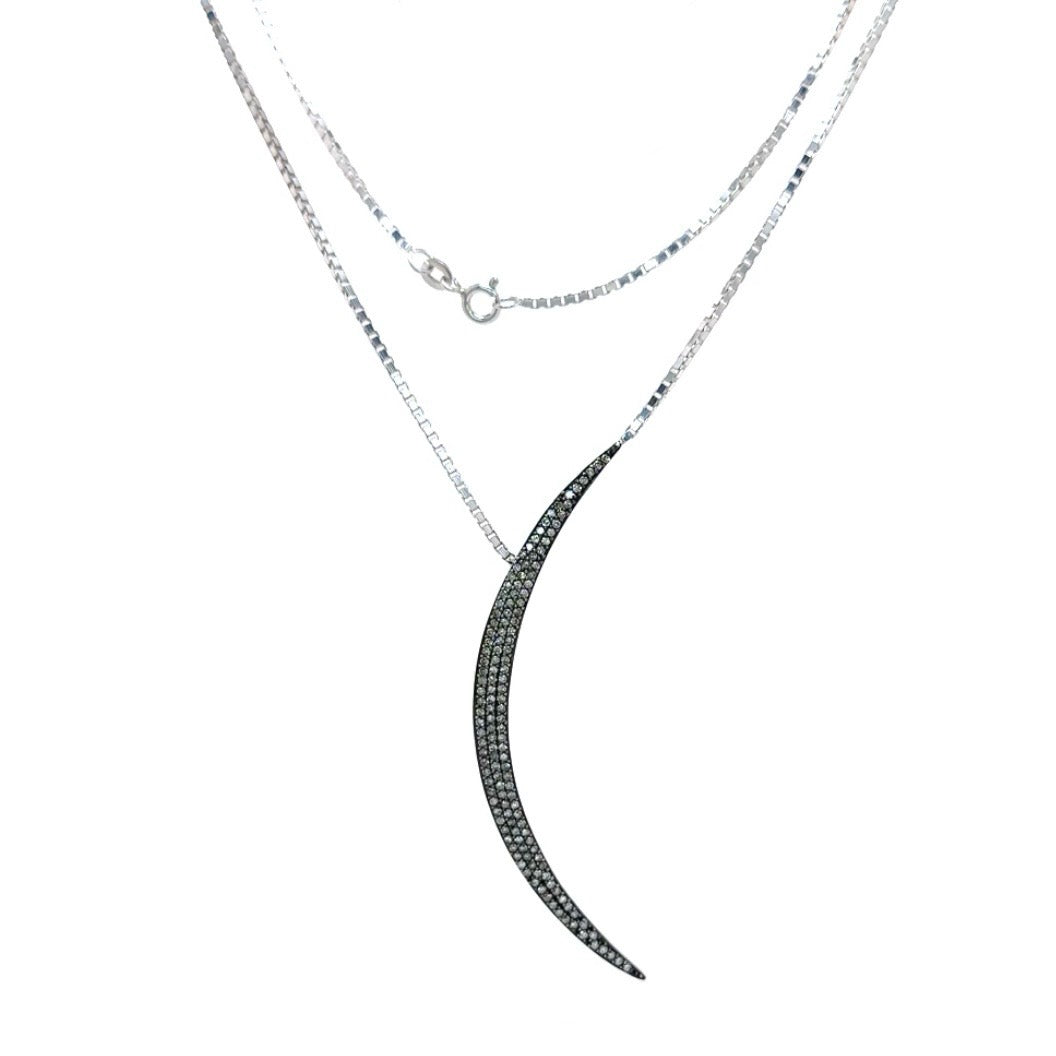 Grande Pave Diamond Crescent Silver Necklace