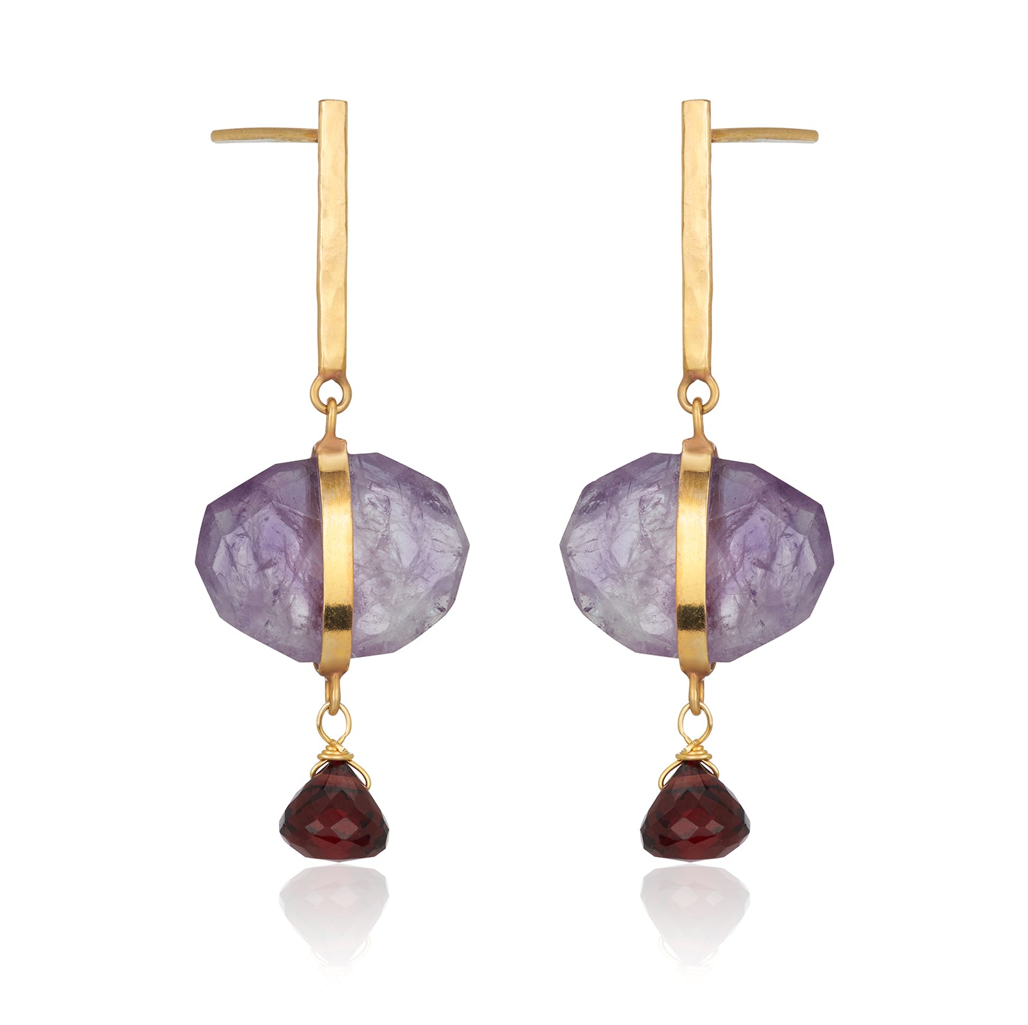 Amethyst Wired Garnet Drop Gold Bar Earrings