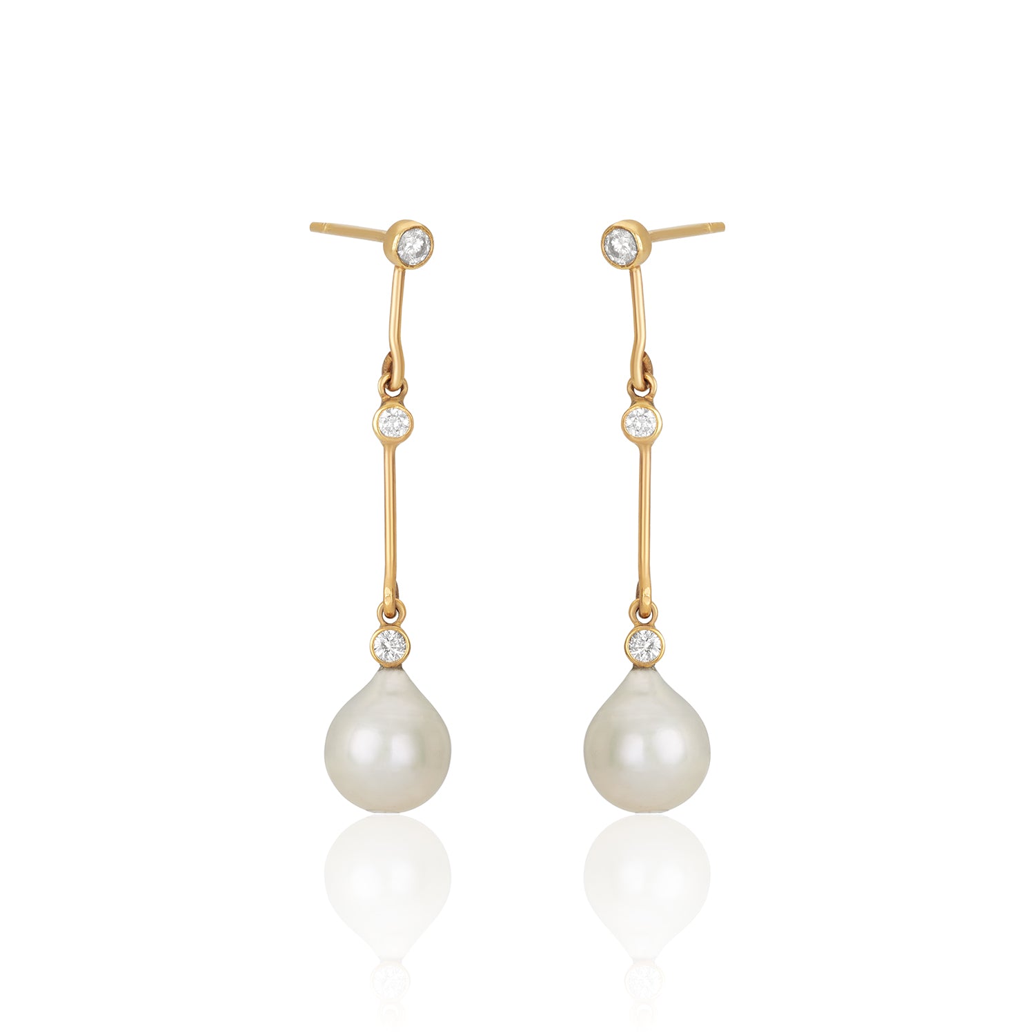 Triple Natural Diamond Dangle Pearl Studs Earrings 14k
