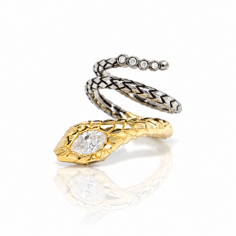 Golden Diamond Snake Silver Spiral Ring