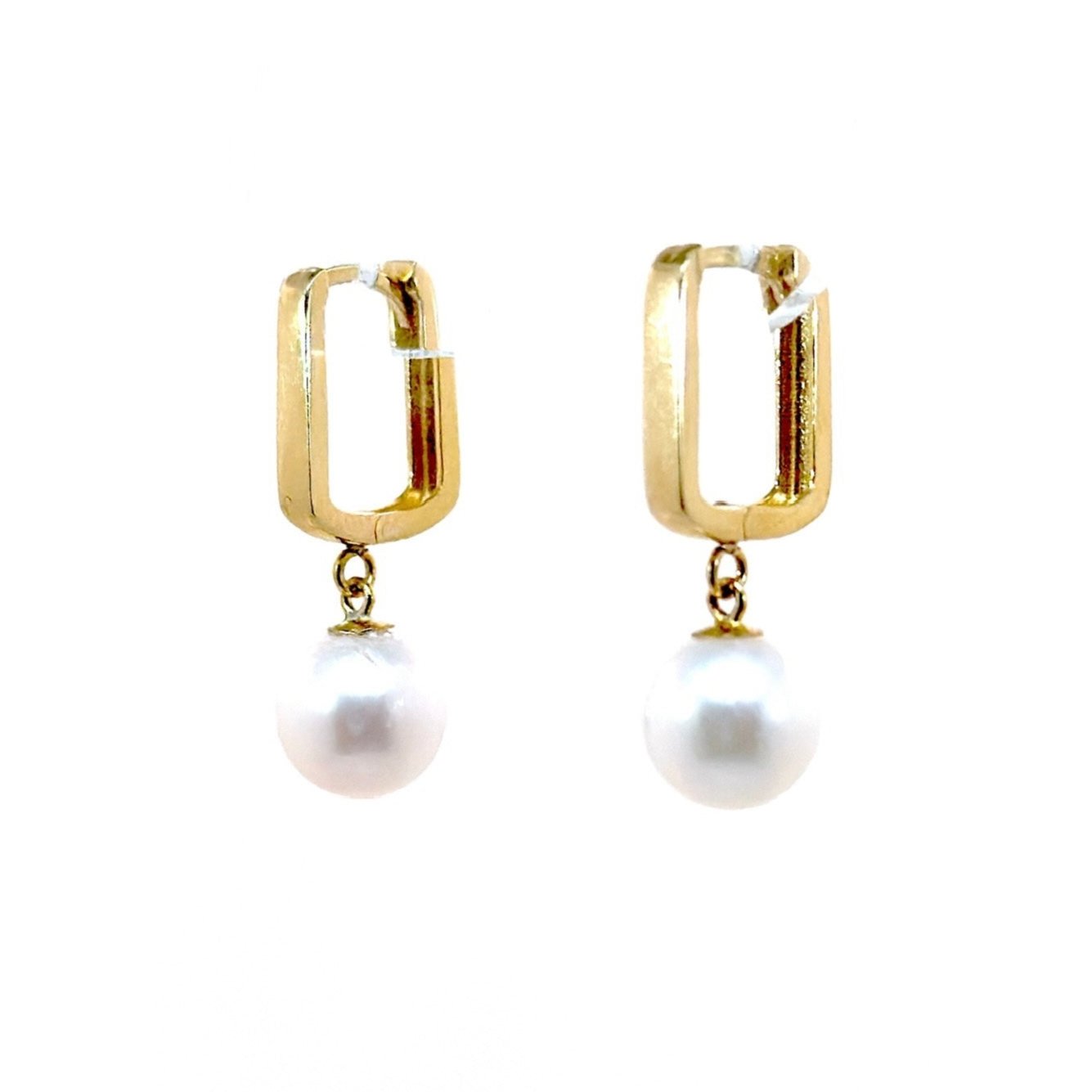 Rectangular Huggie Pearl Drop Hoops In 14k