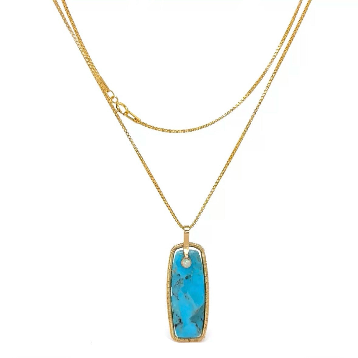 Long Gem Slice Frame Pendant Gold Necklace