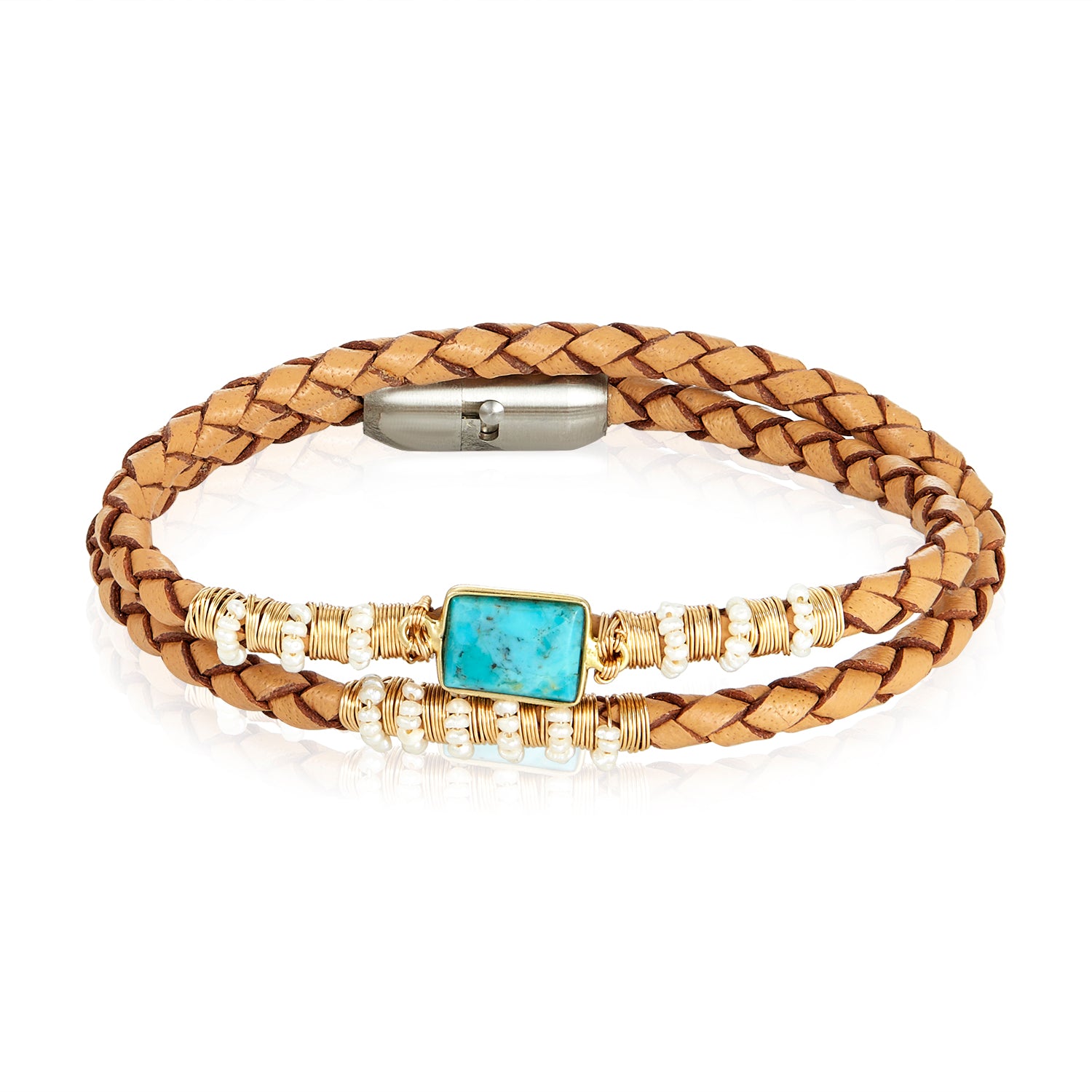Turquoise Wired Pearls Double Leather Bracelet