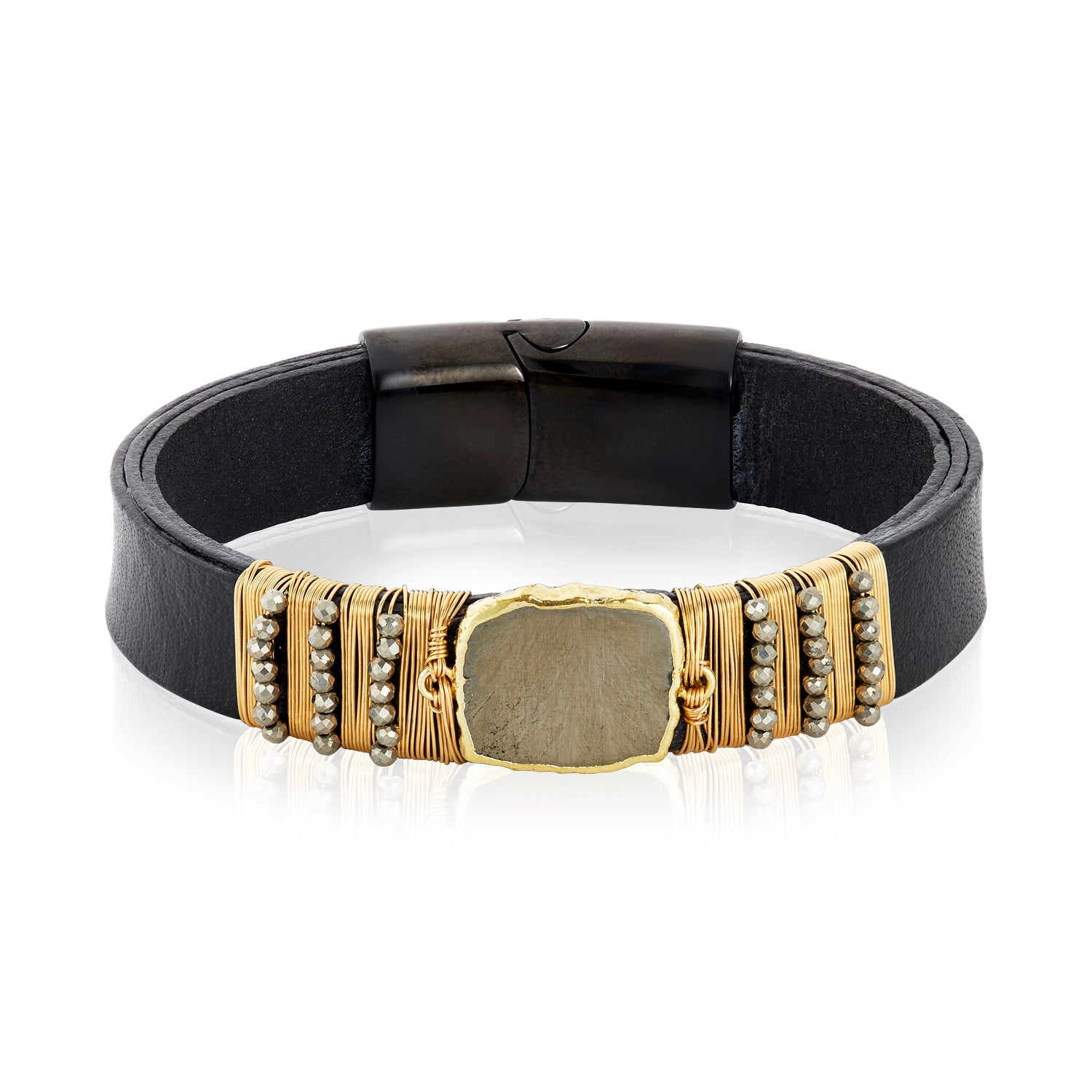 Center Gem Gold Wired Beads Leather Bracelet