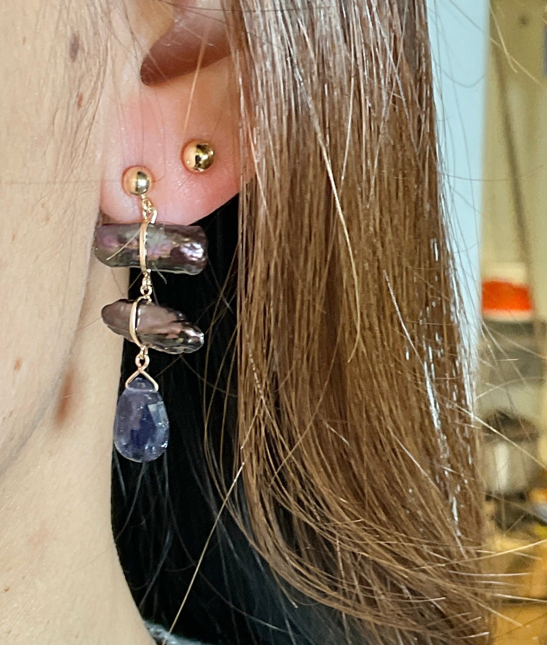 Gray Biwa Stick Pearls Dangle Earrings