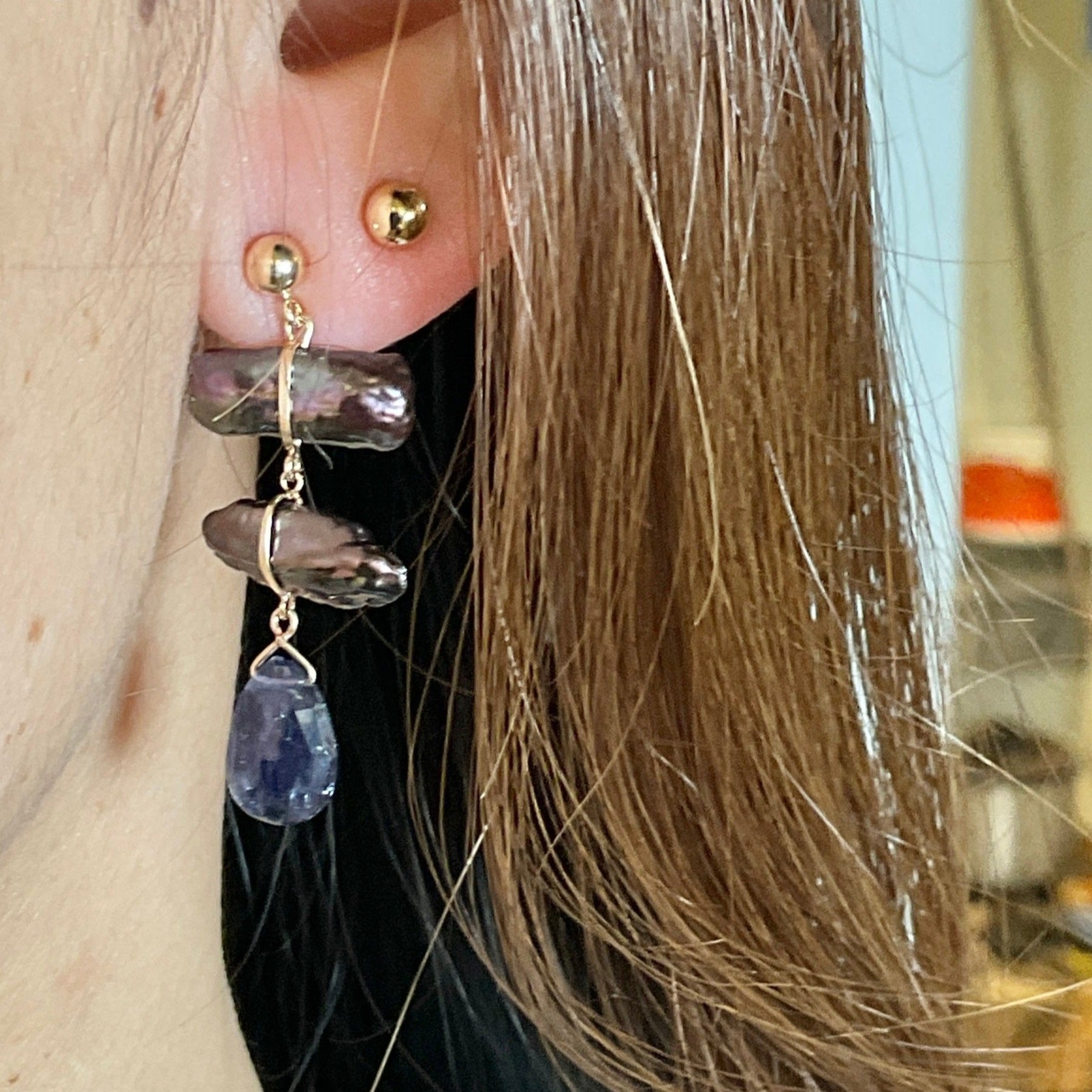 Gray Biwa Stick Pearls Dangle Earrings