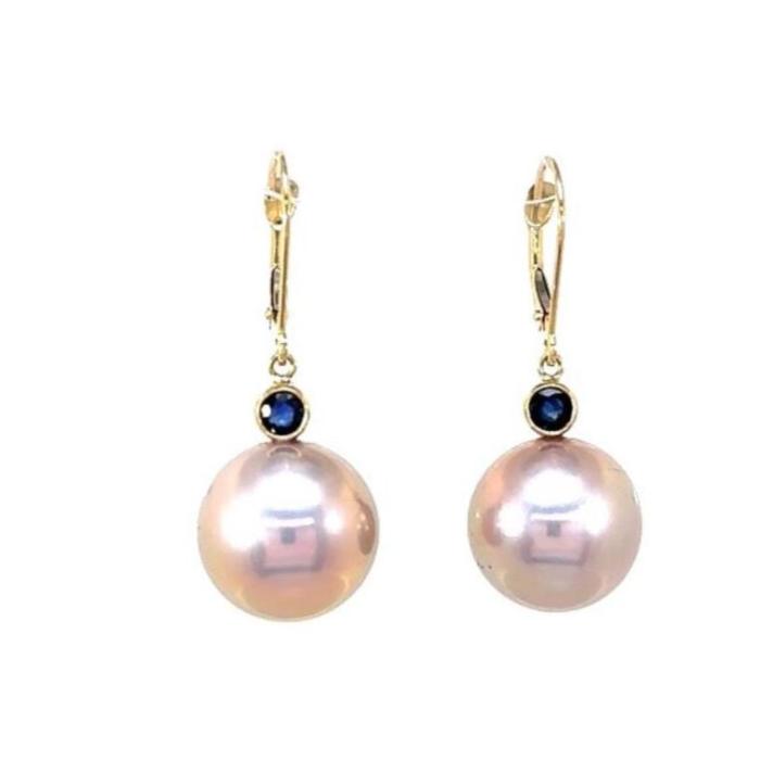 Pink Fresh Water Pearl & Sapphire Bezel Earrings In 14k